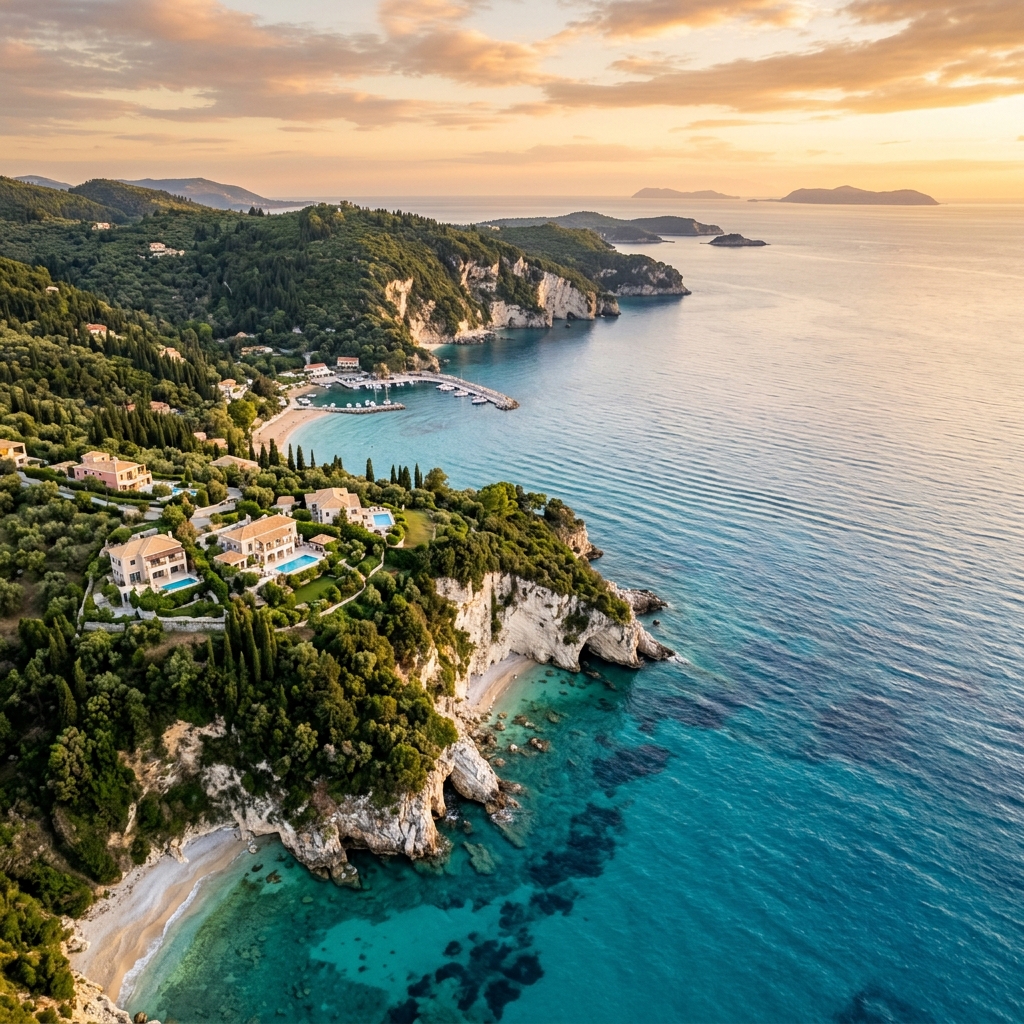 Aerial view of the Corfu coastline with turquoise Ionian waters and clifftop villas at golden hour