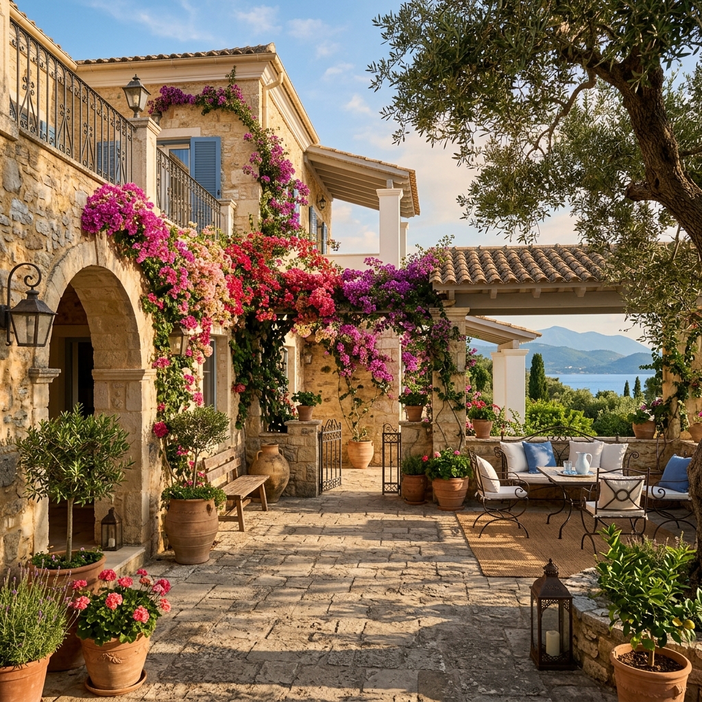 Elegant Mediterranean villa courtyard with bougainvillea and olive trees