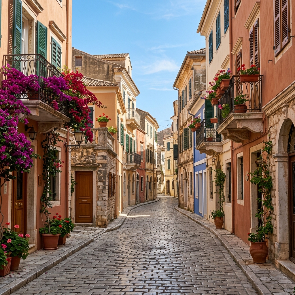 Charming cobblestone street in Corfu Old Town with venetian buildings and bougainvillea